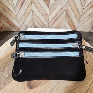 NWOT Cole Haan Black Suede Triple Zip Travel Square Pouch